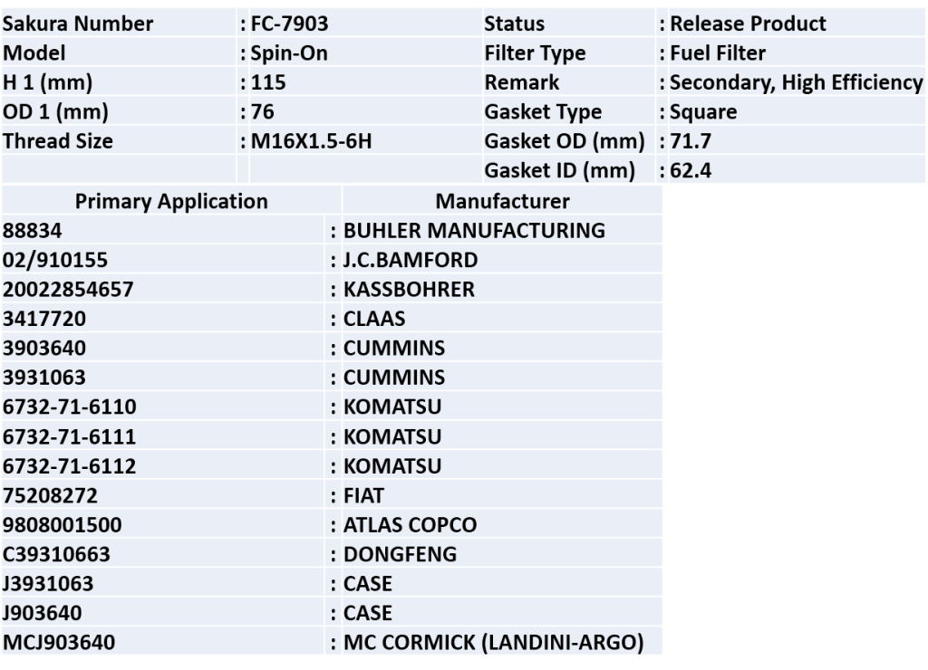 FILTER FUEL, PN. FC-7903 SAKURA - CV Tunas Sumatera Lampung
